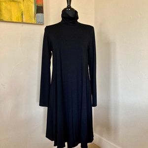 Eileen Fisher Viscose Black Jersey Long Sleeve Scrunch Neck Swing Dress.